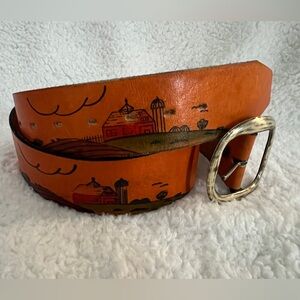 Vtg Hand Painted Rural landscape scene, Tooled Steer-hide, Leather Belt, 34-36